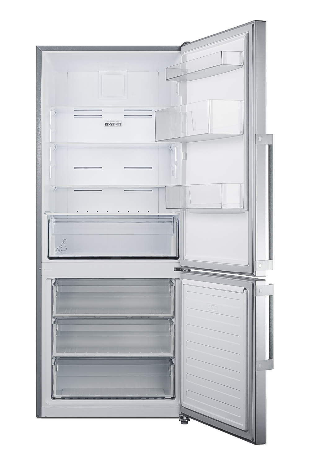 Frost-free ENERGY STAR certified bottom freezer refrigerator with icemaker in stainless steel